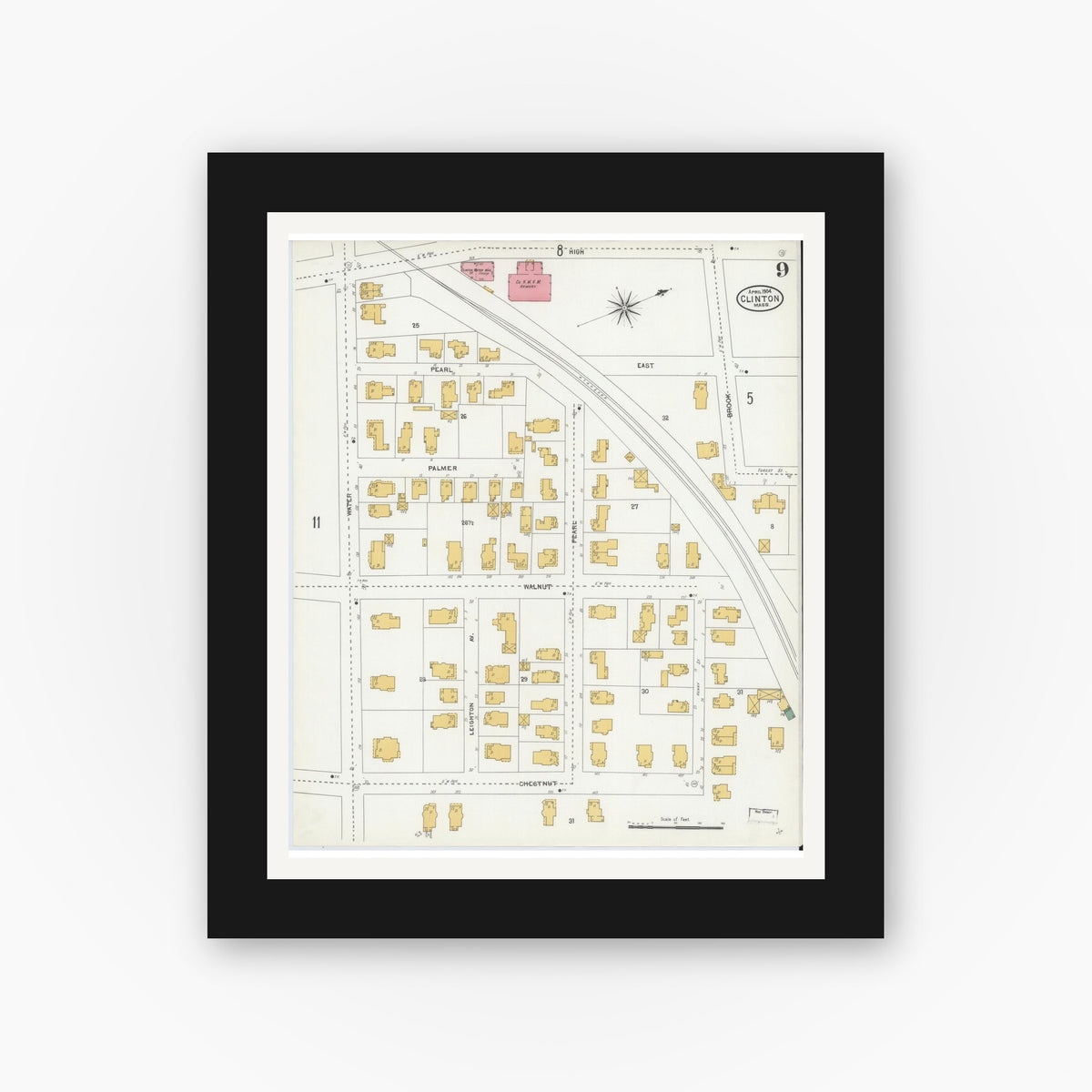 Old map wall art mockup — black gallery frame with white mat — Sanborn Fire Insurance Map from Clinton, Worcester County, Massachusetts (1904), Sheet #0009