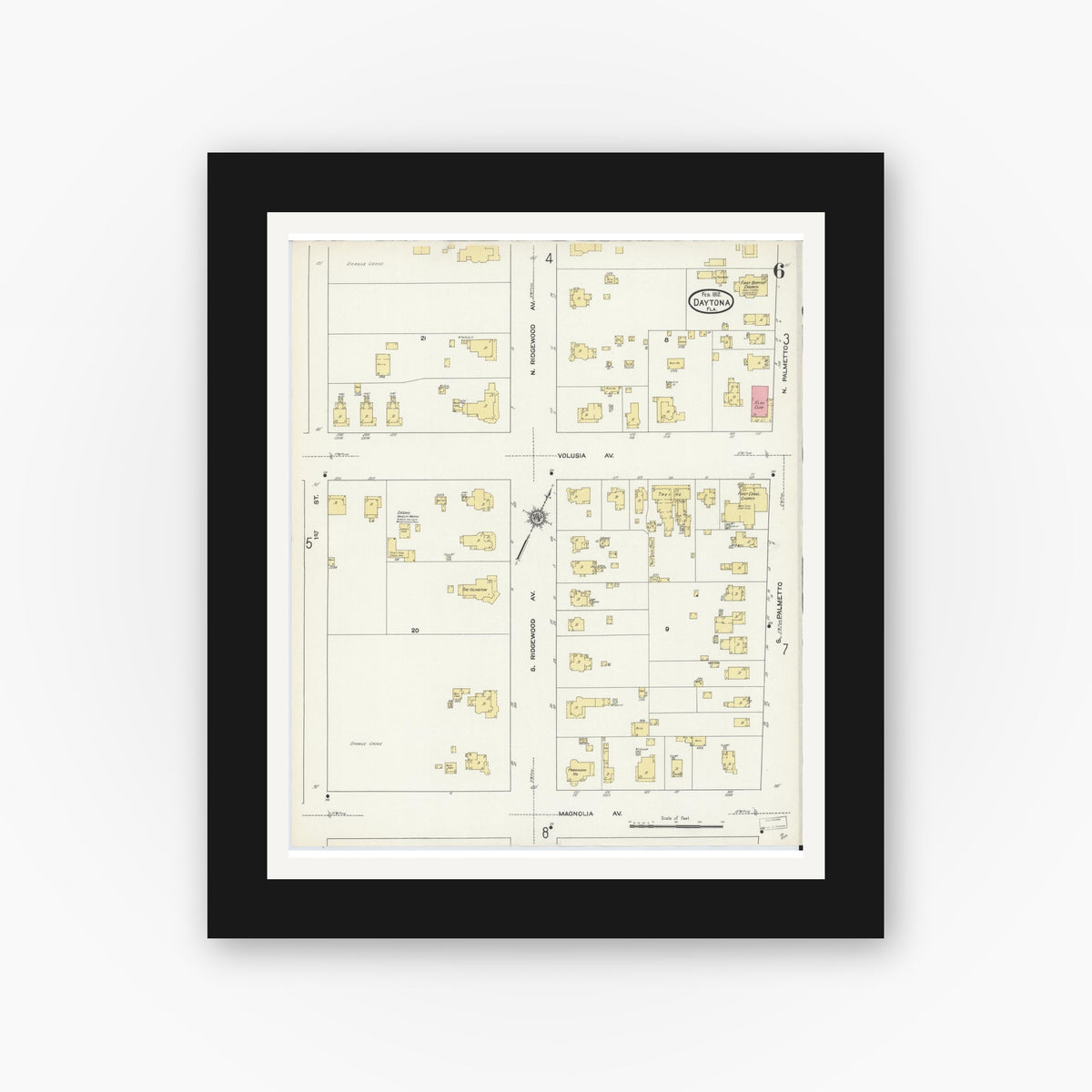 Old map wall art mockup — black gallery frame with white mat — Sanborn Fire Insurance Map from Daytona, Volusia County, Florida (1912), Sheet #0006