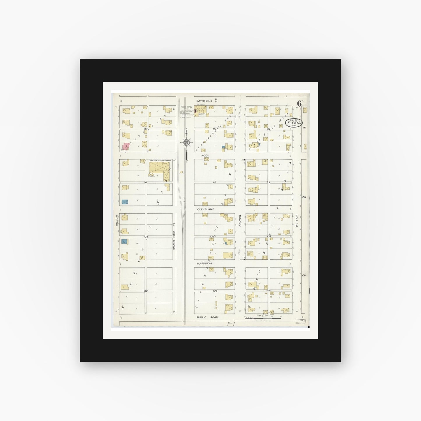 Old map wall art mockup — black gallery frame with white mat — Sanborn Fire Insurance Map from Flora, Carroll County, Indiana (1917), Sheet #0006