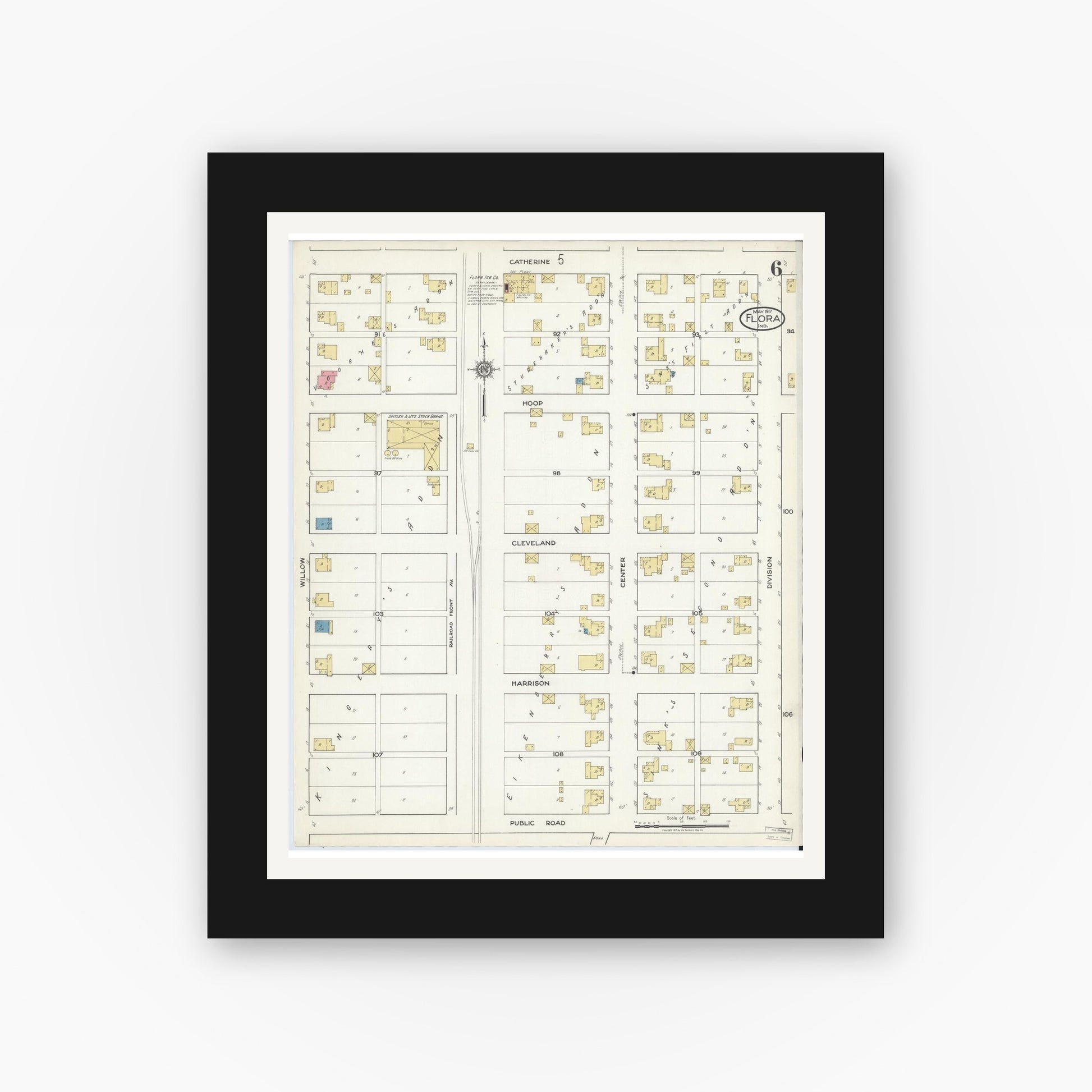 Old map wall art mockup — black gallery frame with white mat — Sanborn Fire Insurance Map from Flora, Carroll County, Indiana (1917), Sheet #0006