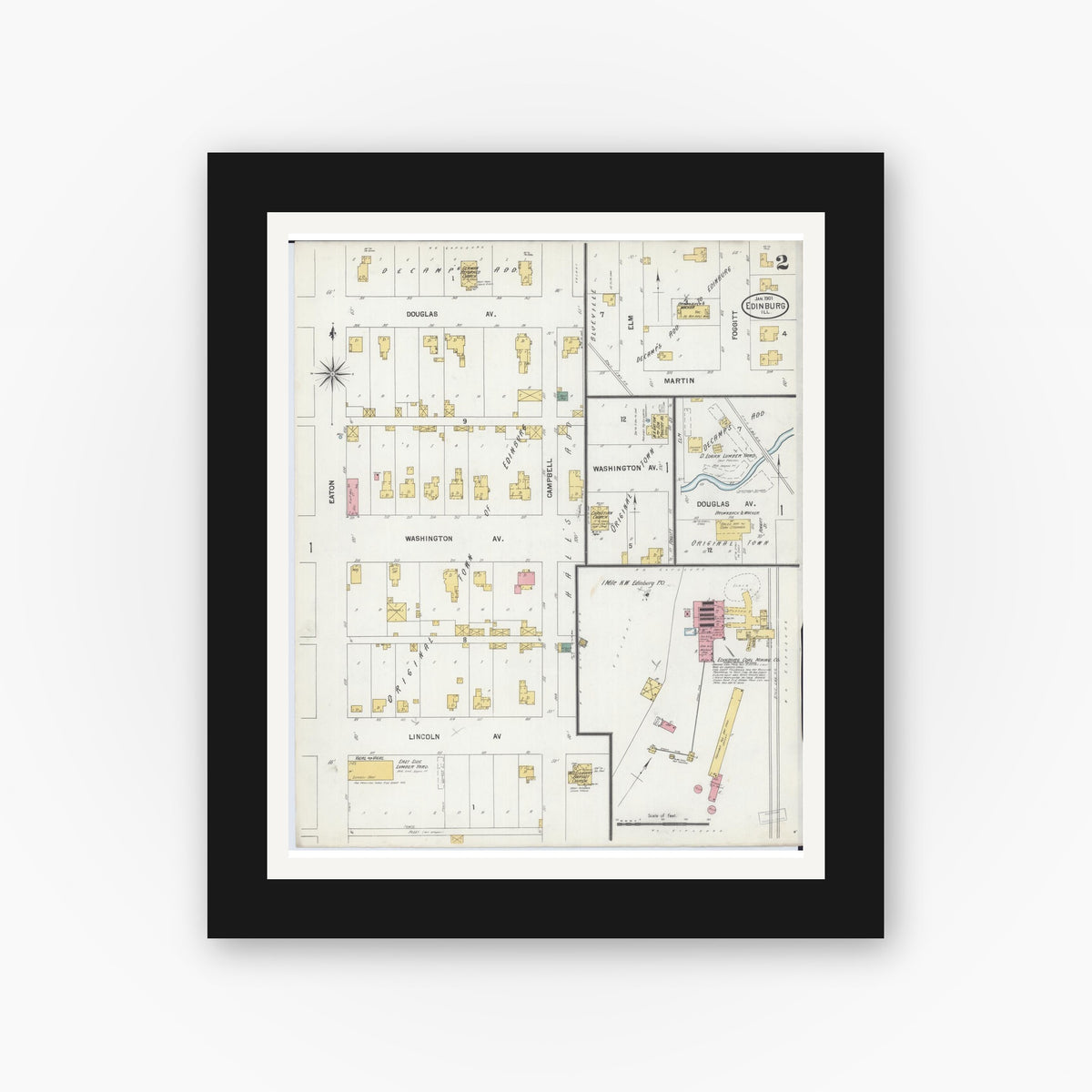 Old map wall art mockup — black gallery frame with white mat — Sanborn Fire Insurance Map from Edinburgh, Christian County, Illinois (1901), Sheet #0002
