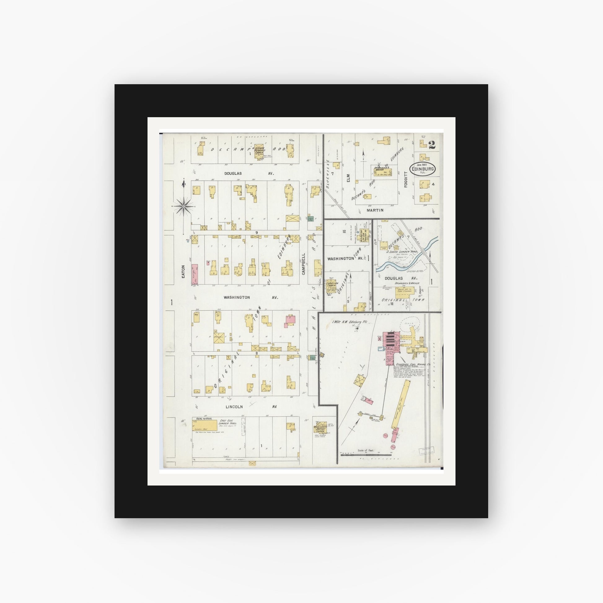 Old map wall art mockup — black gallery frame with white mat — Sanborn Fire Insurance Map from Edinburgh, Christian County, Illinois (1901), Sheet #0002