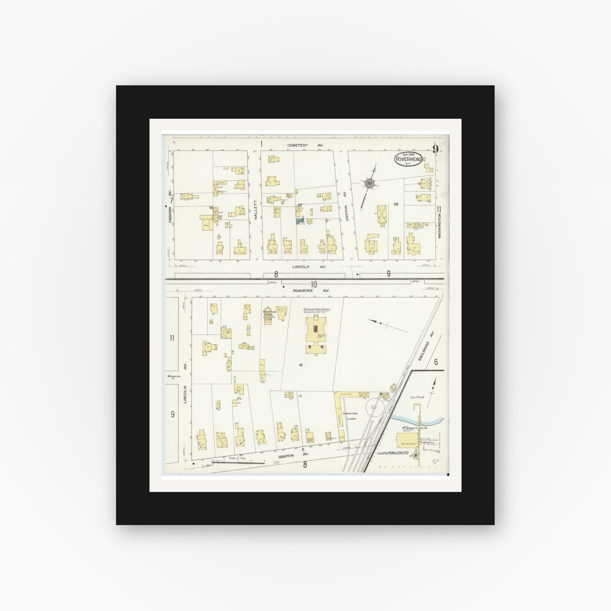 Old map wall art mockup — black gallery frame with white mat — Sanborn Fire Insurance Map from Riverhead, Suffolk County, New York (1909), Sheet #0009