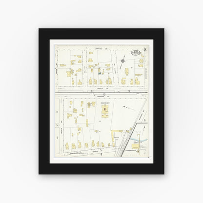Old map wall art mockup — black gallery frame with white mat — Sanborn Fire Insurance Map from Riverhead, Suffolk County, New York (1909), Sheet #0009