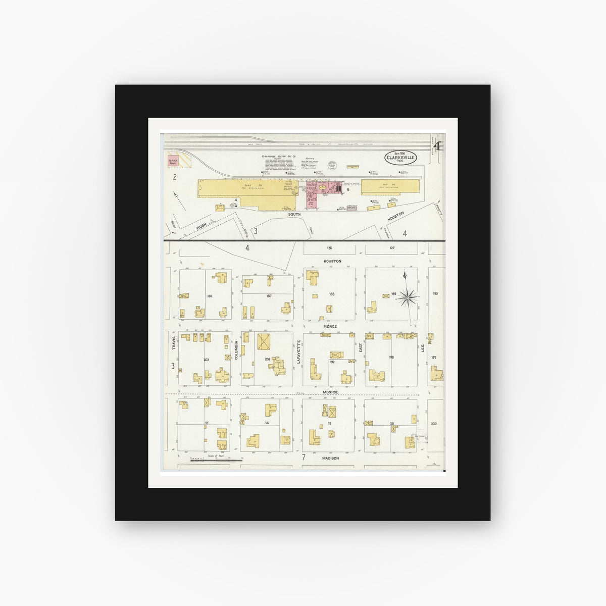 Old map wall art mockup — black gallery frame with white mat — Sanborn Fire Insurance Map from Clarksville, Red River County, Texas (1906), Sheet #0004