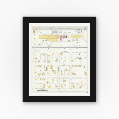 Old map wall art mockup — black gallery frame with white mat — Sanborn Fire Insurance Map from Clarksville, Red River County, Texas (1906), Sheet #0004