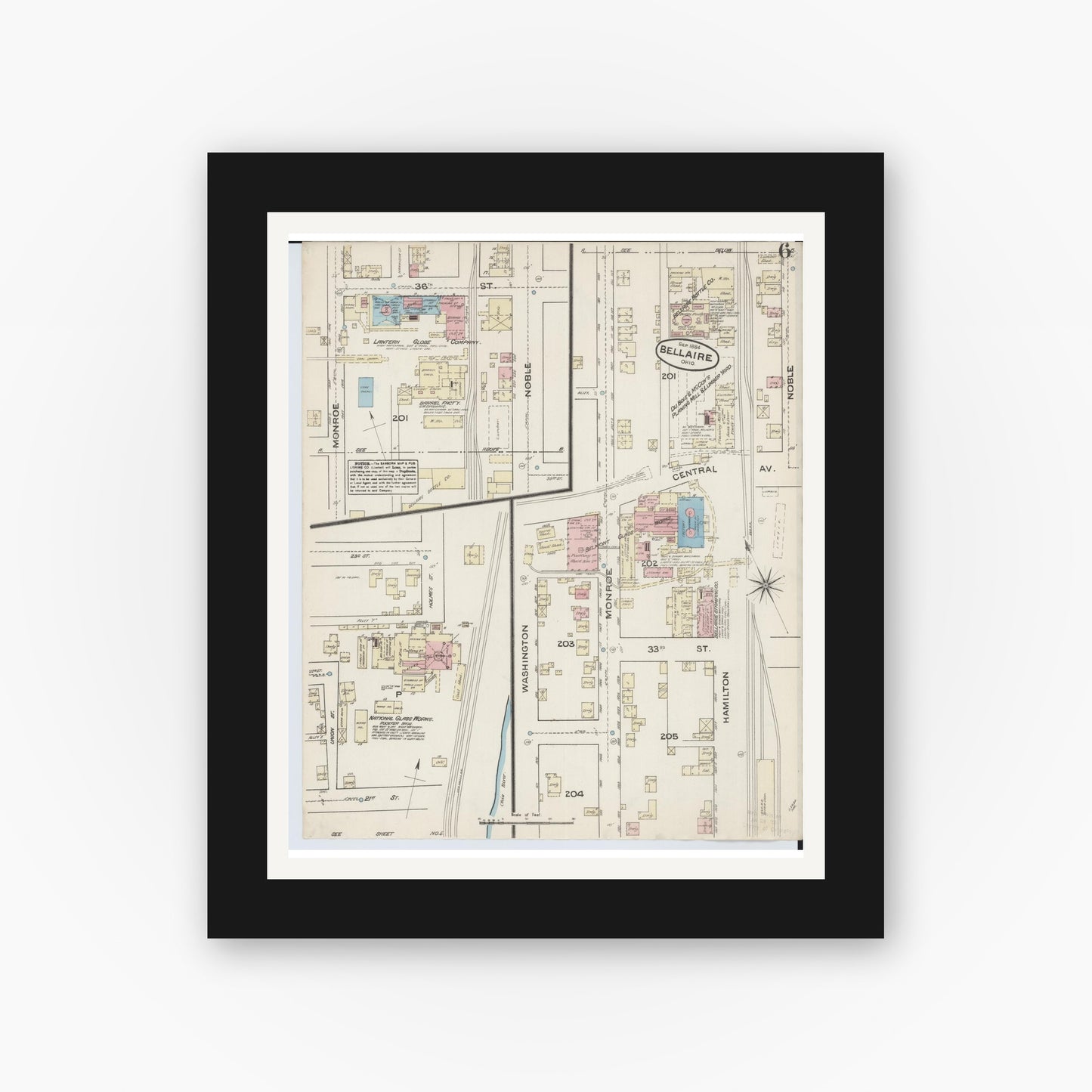 Old map wall art mockup — black gallery frame with white mat — Sanborn Fire Insurance Map from Bellaire, Belmont County, Ohio (1884), Sheet #0006