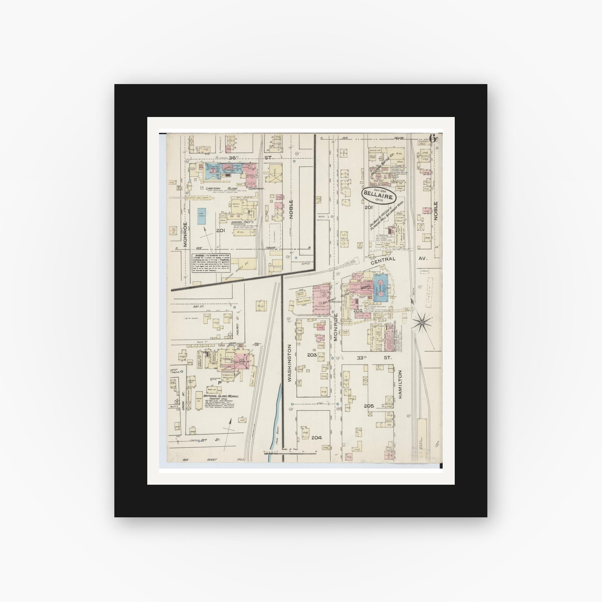 Old map wall art mockup — black gallery frame with white mat — Sanborn Fire Insurance Map from Bellaire, Belmont County, Ohio (1884), Sheet #0006
