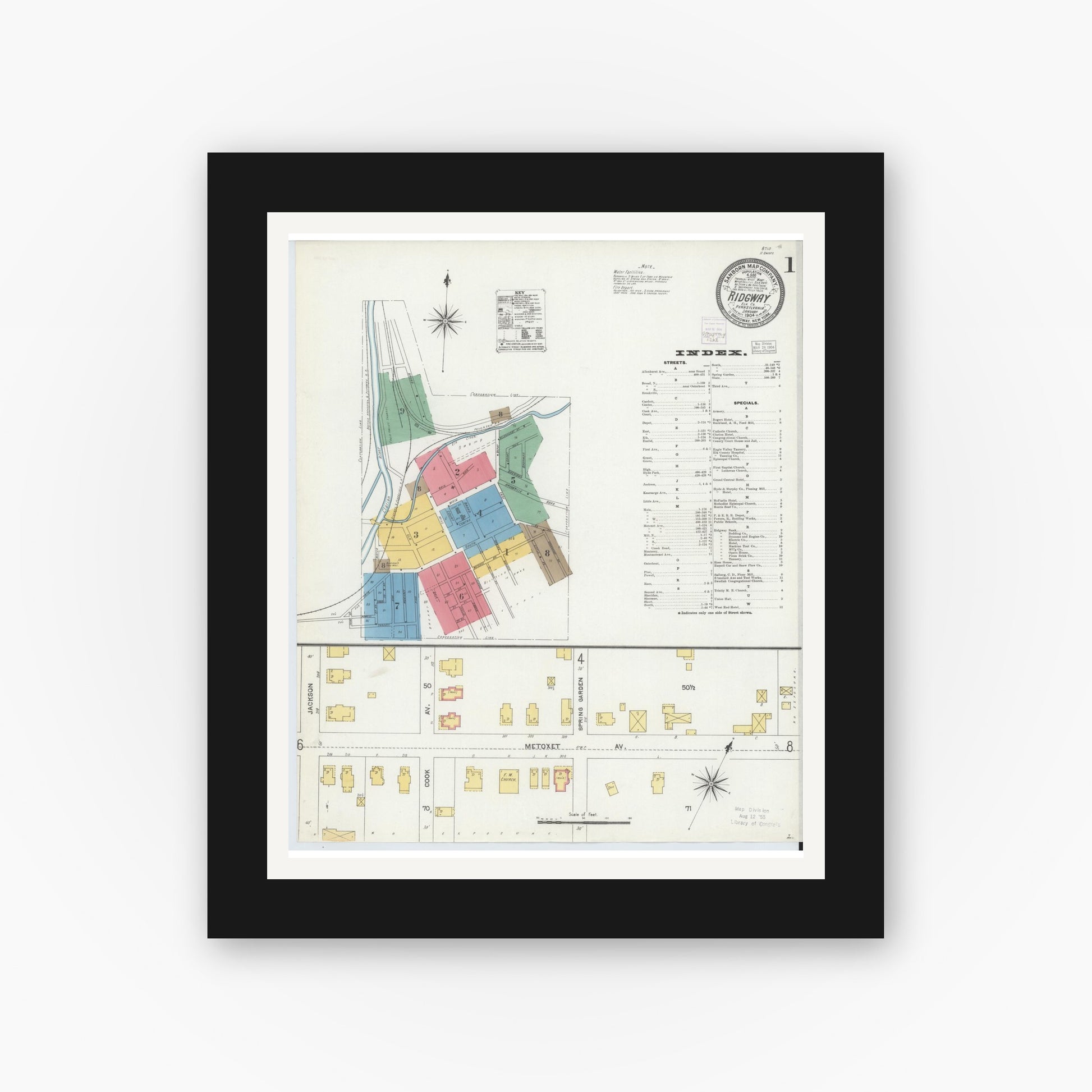 Old map wall art mockup — black gallery frame with white mat — Sanborn Fire Insurance Map from Ridgway, Elk County, Pennsylvania (1904) - Complete Map Set