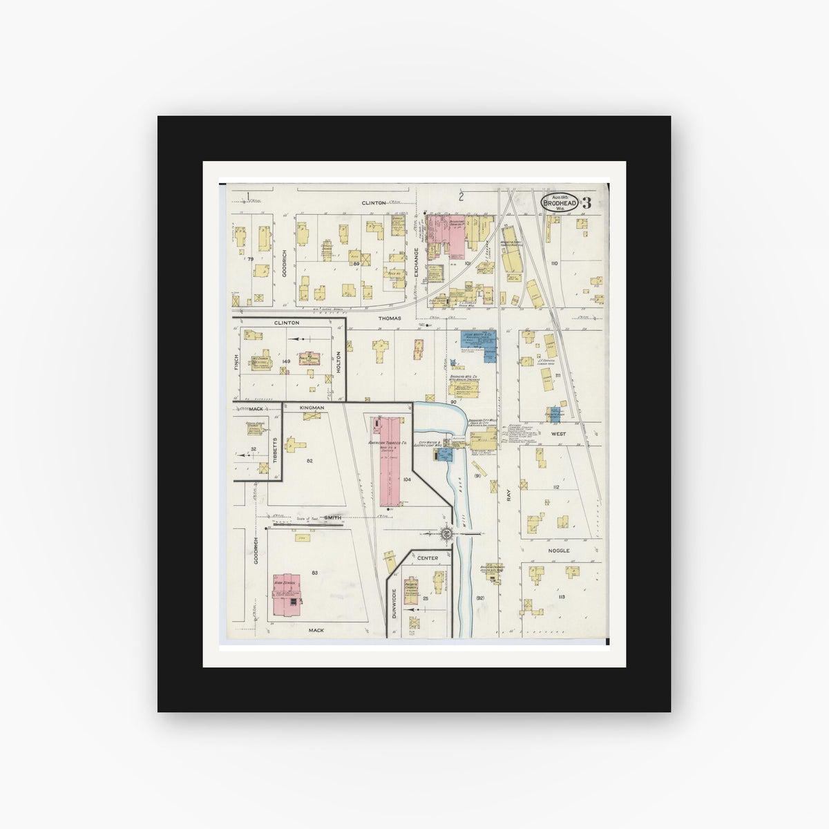 Old map wall art mockup — black gallery frame with white mat — Sanborn Fire Insurance Map from Brodhead, Green County, Wisconsin (1915), Sheet #0003
