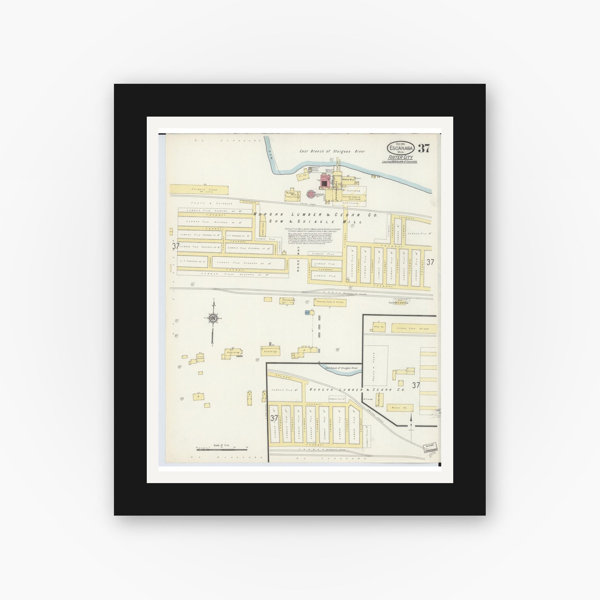 Old map wall art mockup — black gallery frame with white mat — Sanborn Fire Insurance Map from Escanaba, Delta County, Michigan (1913), Sheet #0037