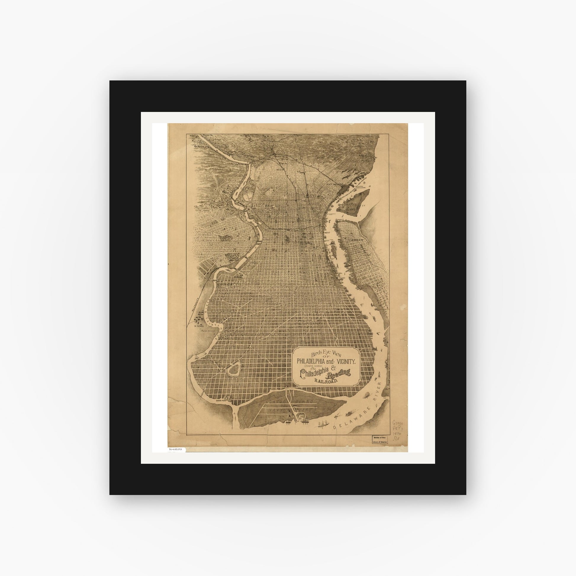 Old map wall art mockup — black gallery frame with white mat — Birds eye view of Philadelphia and vicinity showing location of the Philadelphia & Reading Railroad. (1870)