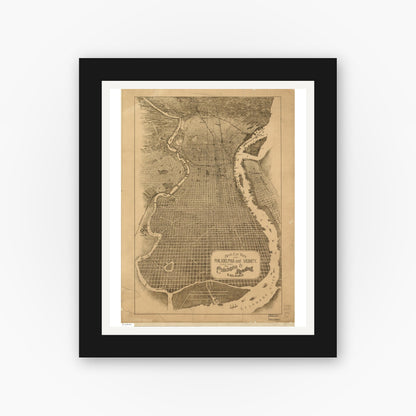 Old map wall art mockup — black gallery frame with white mat — Birds eye view of Philadelphia and vicinity showing location of the Philadelphia & Reading Railroad. (1870)
