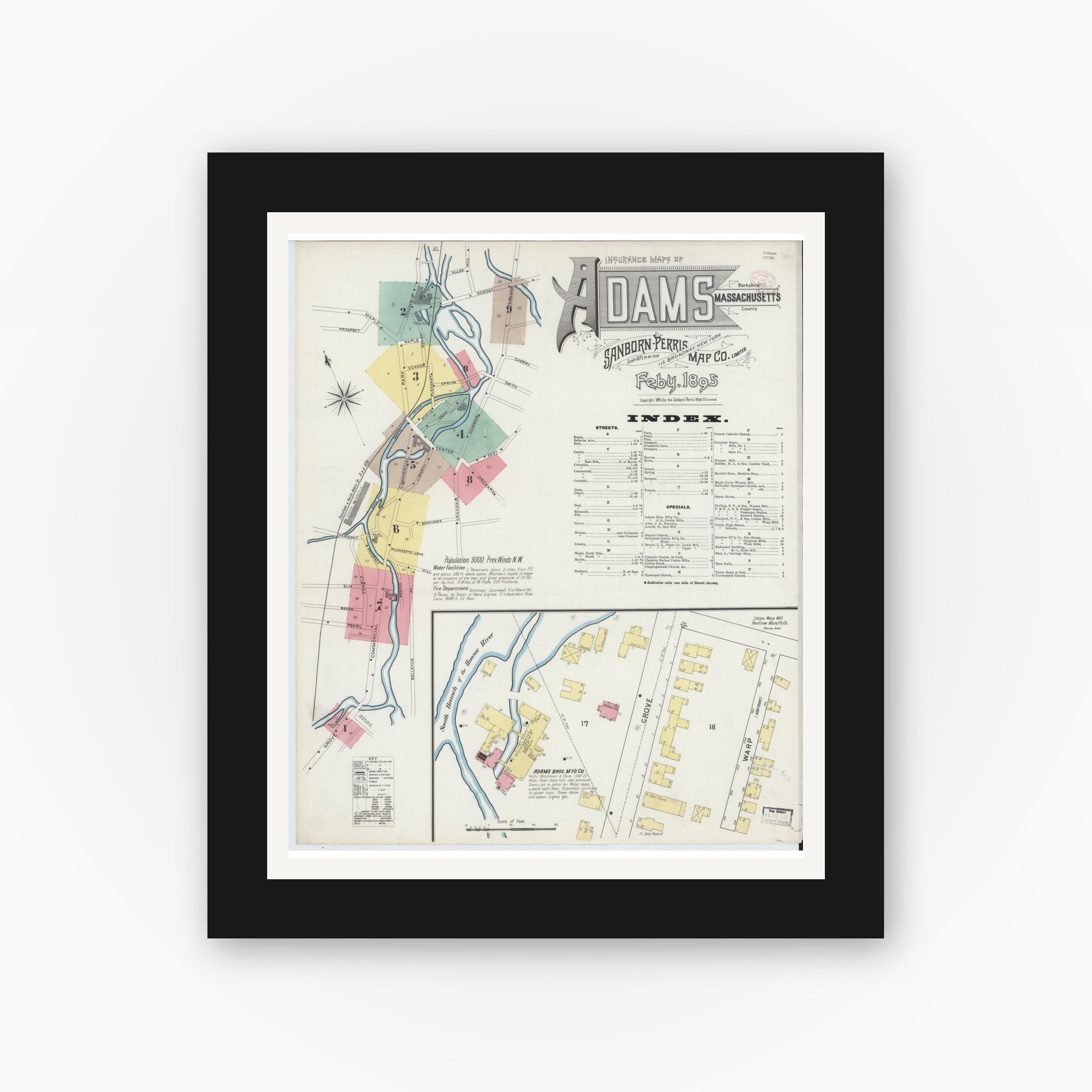 Old map wall art mockup — black gallery frame with white mat — Sanborn Fire Insurance Map from Adams, Berkshire County, Massachusetts (1895), Sheet #0001