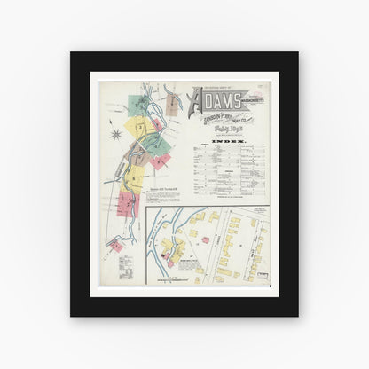 Old map wall art mockup — black gallery frame with white mat — Sanborn Fire Insurance Map from Adams, Berkshire County, Massachusetts (1895), Sheet #0001