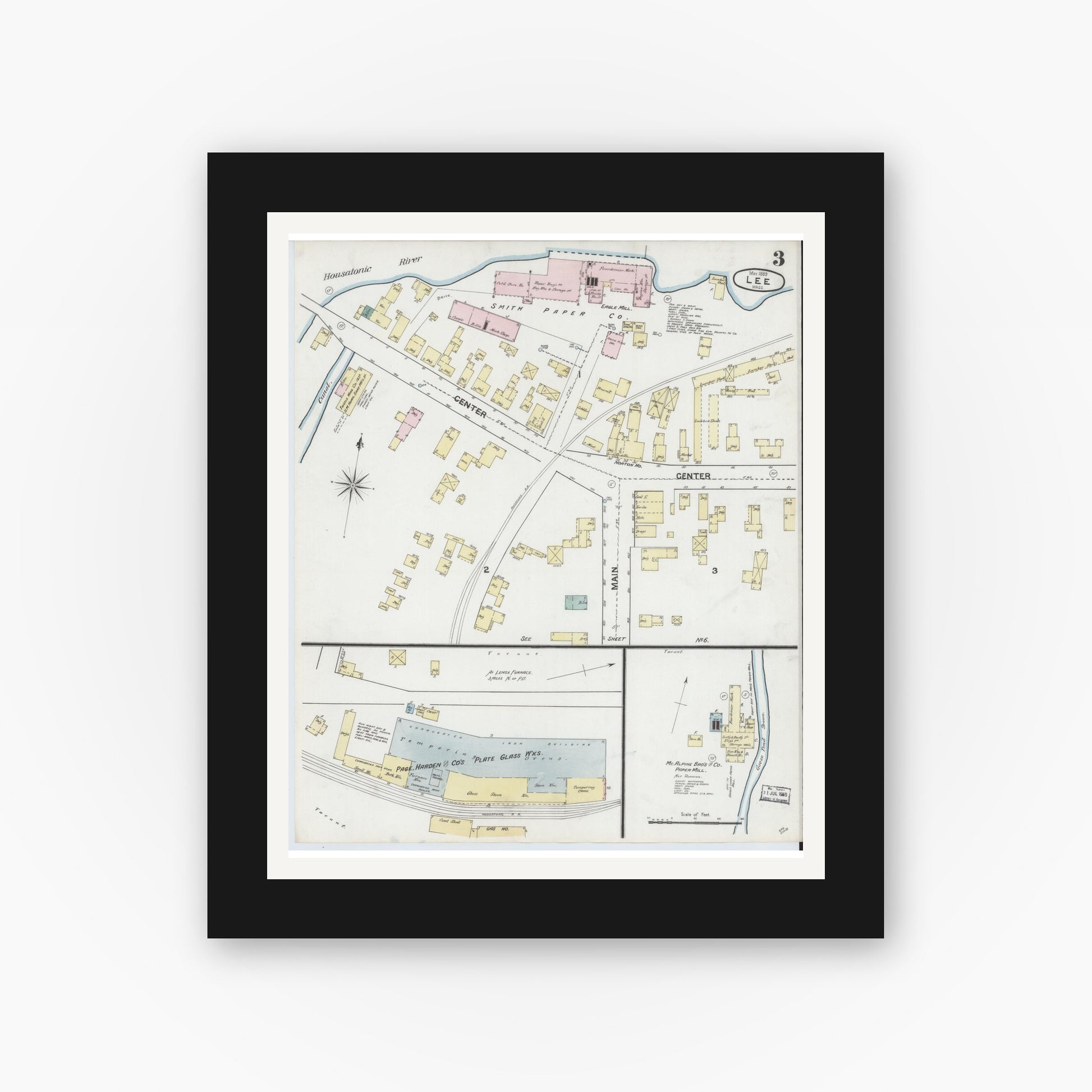 Old map wall art mockup — black gallery frame with white mat — Sanborn Fire Insurance Map from Lee, Berkshire County, Massachusetts (1889), Sheet #0003