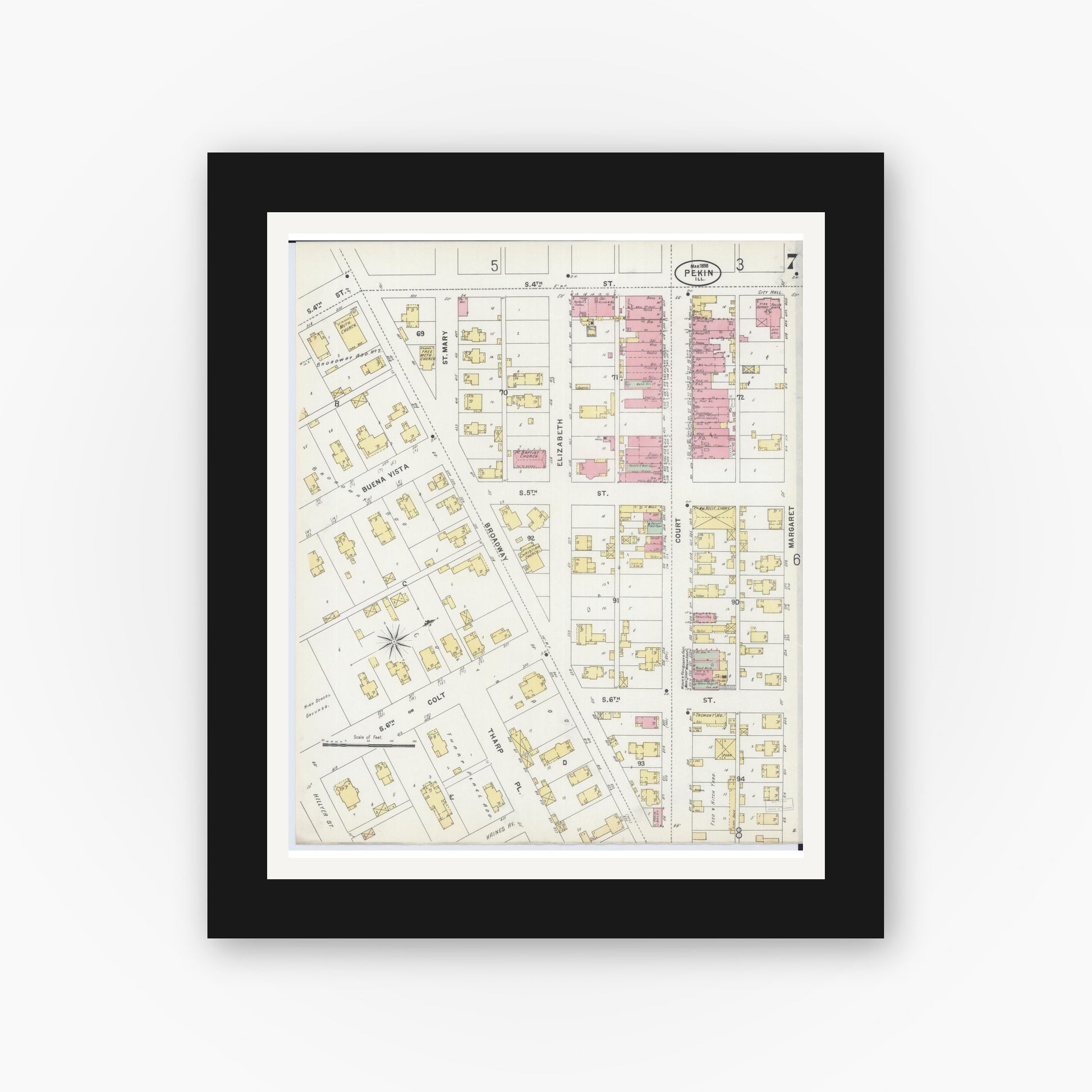 Old map wall art mockup — black gallery frame with white mat — Sanborn Fire Insurance Map from Pekin, Tazewell County, Illinois (1898), Sheet #0007