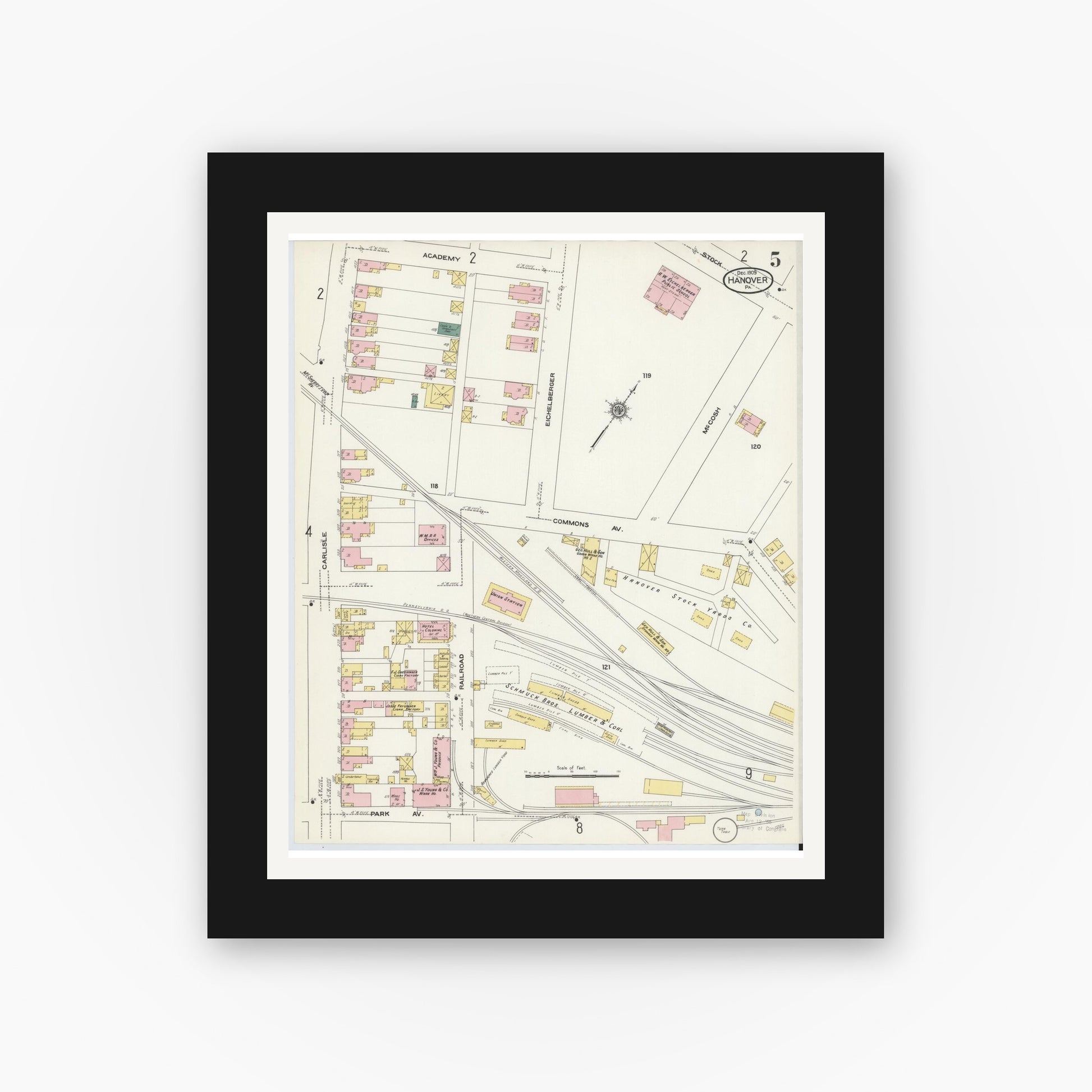 Old map wall art mockup — black gallery frame with white mat — Sanborn Fire Insurance Map from Hanover, York County, Pennsylvania (1909), Sheet #0005