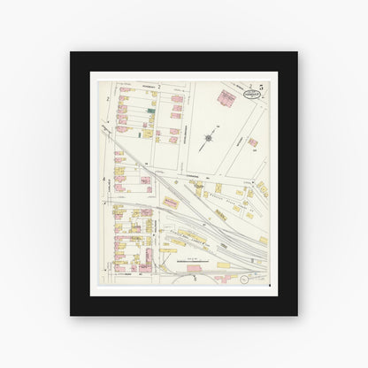 Old map wall art mockup — black gallery frame with white mat — Sanborn Fire Insurance Map from Hanover, York County, Pennsylvania (1909), Sheet #0005