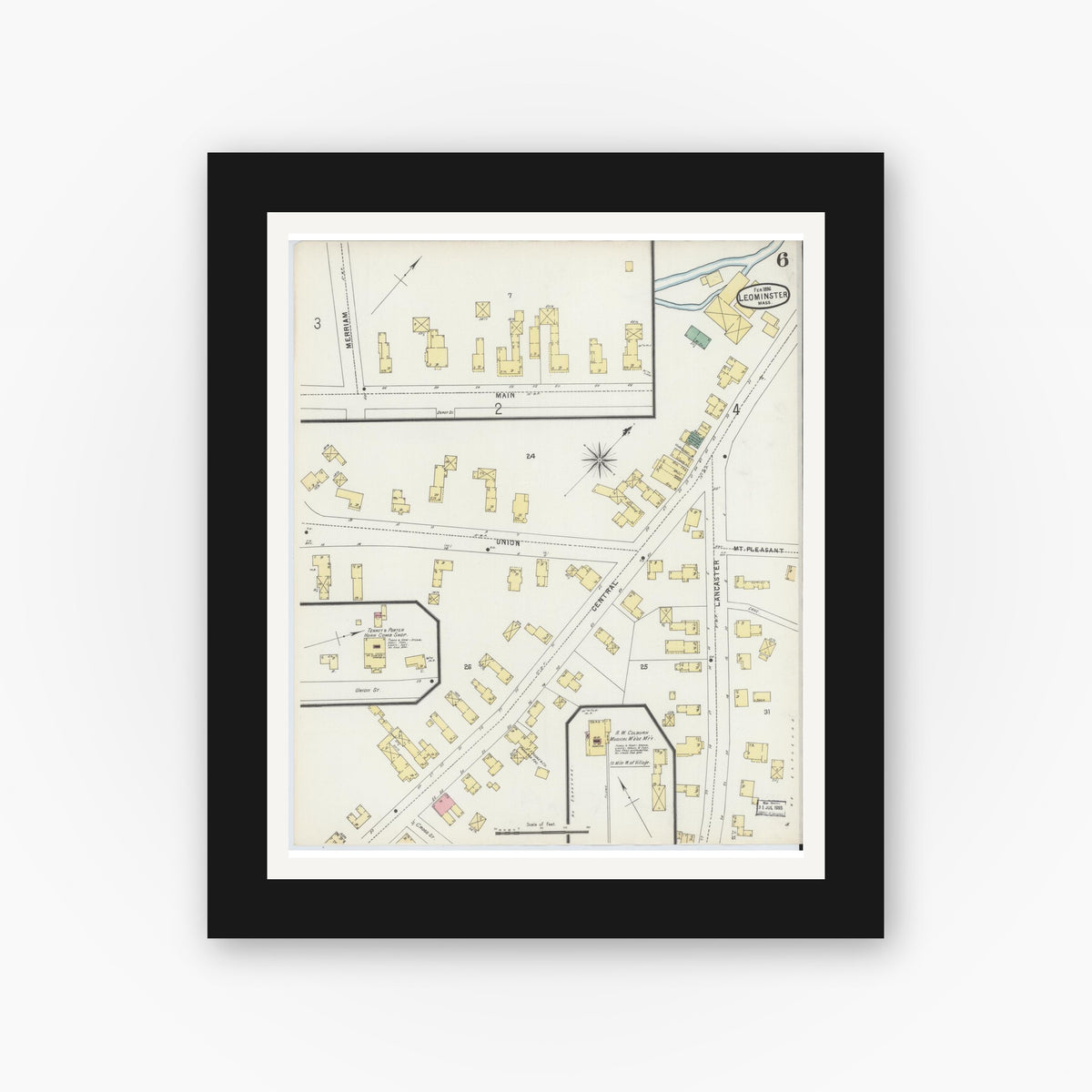 Old map wall art mockup — black gallery frame with white mat — Sanborn Fire Insurance Map from Leominster, Worcester County, Massachusetts (1896), Sheet #0006
