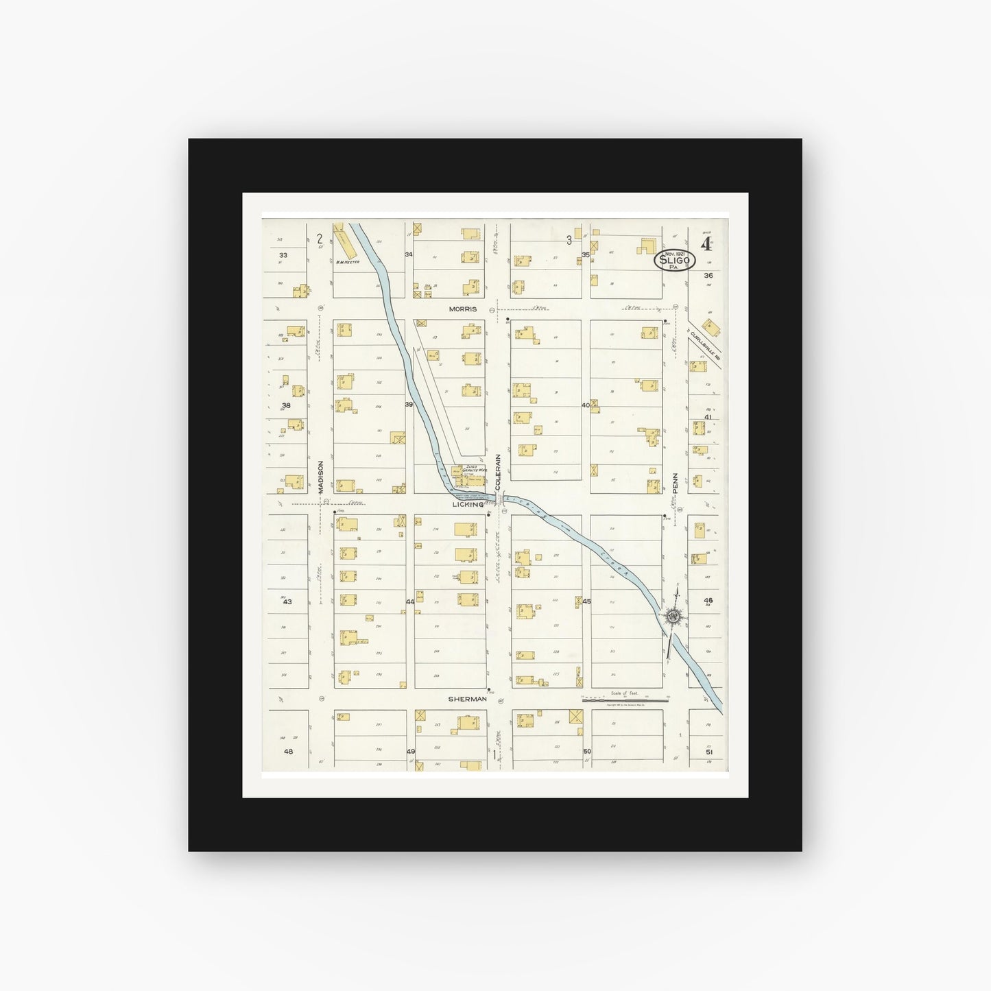Old map wall art mockup — black gallery frame with white mat — Sanborn Fire Insurance Map from Sligo, Clarion County, Pennsylvania (1921), Sheet #0004