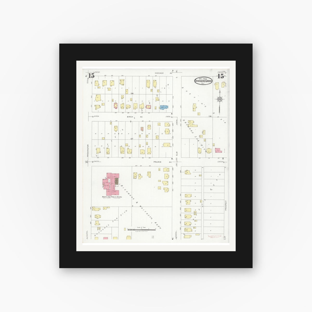 Old map wall art mockup — black gallery frame with white mat — Sanborn Fire Insurance Map from Downers Grove, Dupage County, Illinois (1927), Sheet #0015