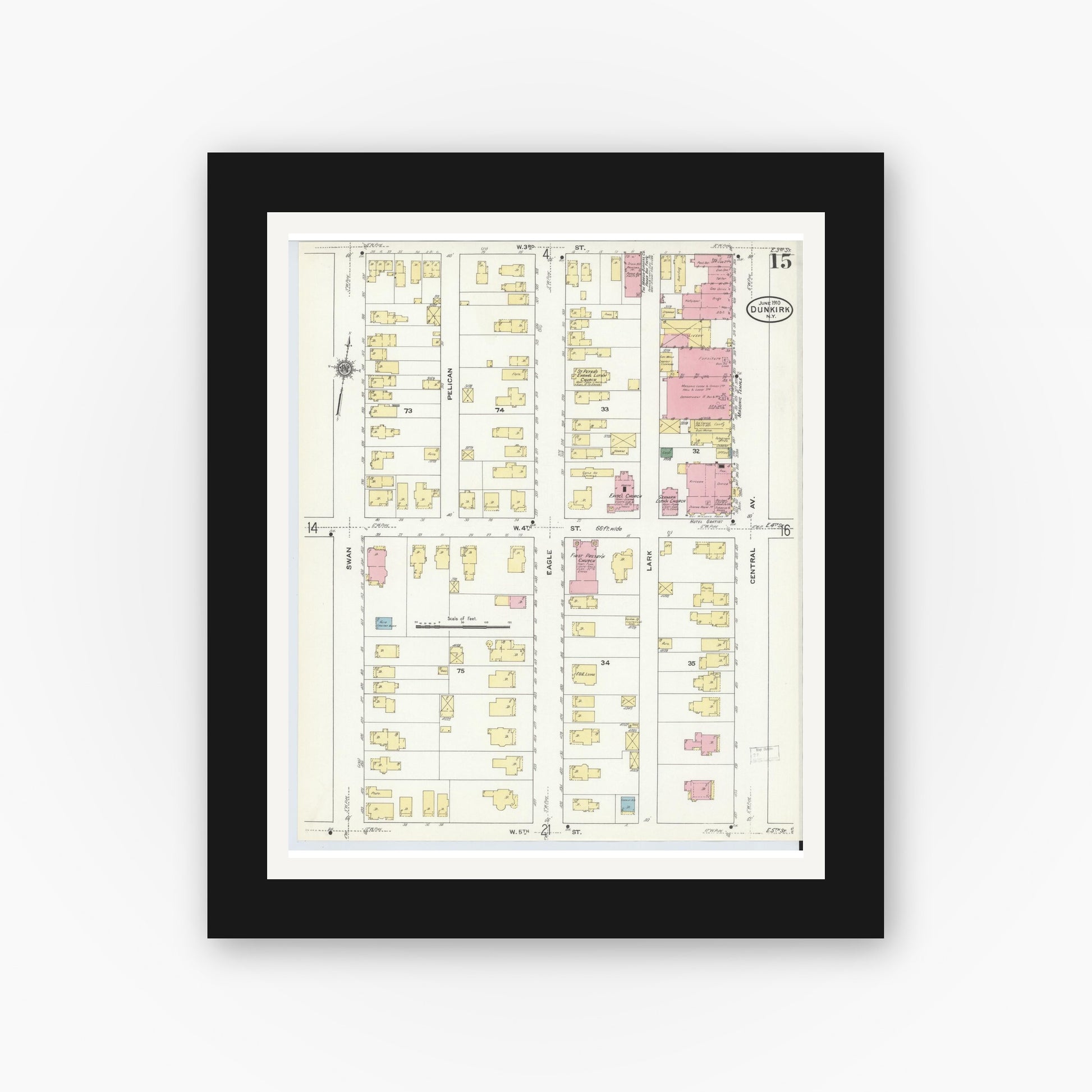 Old map wall art mockup — black gallery frame with white mat — Sanborn Fire Insurance Map from Dunkirk, Chautauqua County, New York (1910), Sheet #0015
