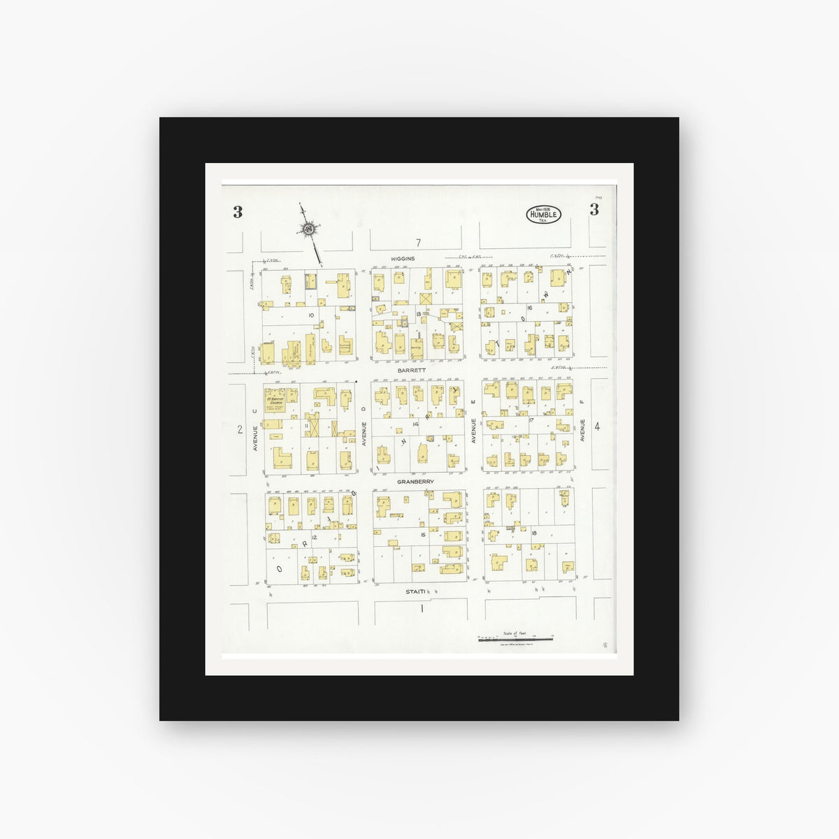Old map wall art mockup — black gallery frame with white mat — Sanborn Fire Insurance Map from Humble, Harris County, Texas (1926), Sheet #0003
