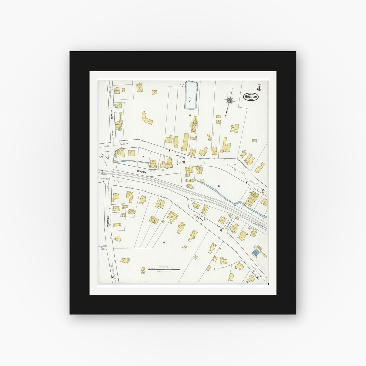 Old map wall art mockup — black gallery frame with white mat — Sanborn Fire Insurance Map from Hingham, Plymouth County, Massachusetts (1921), Sheet #0004