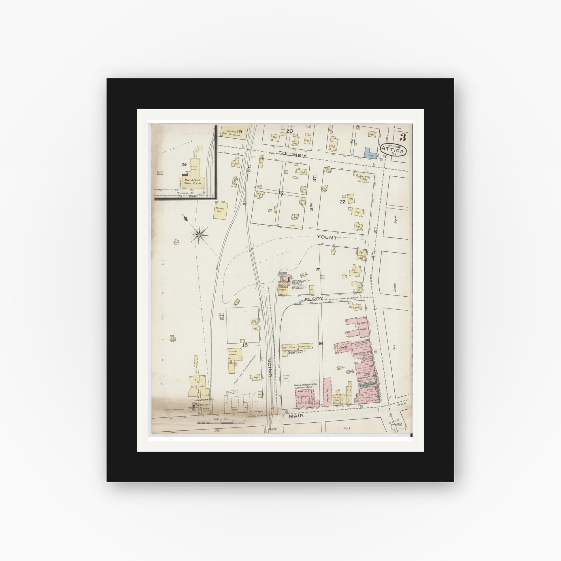 Old map wall art mockup — black gallery frame with white mat — Sanborn Fire Insurance Map from Attica, Fountain County, Indiana (1886), Sheet #0003