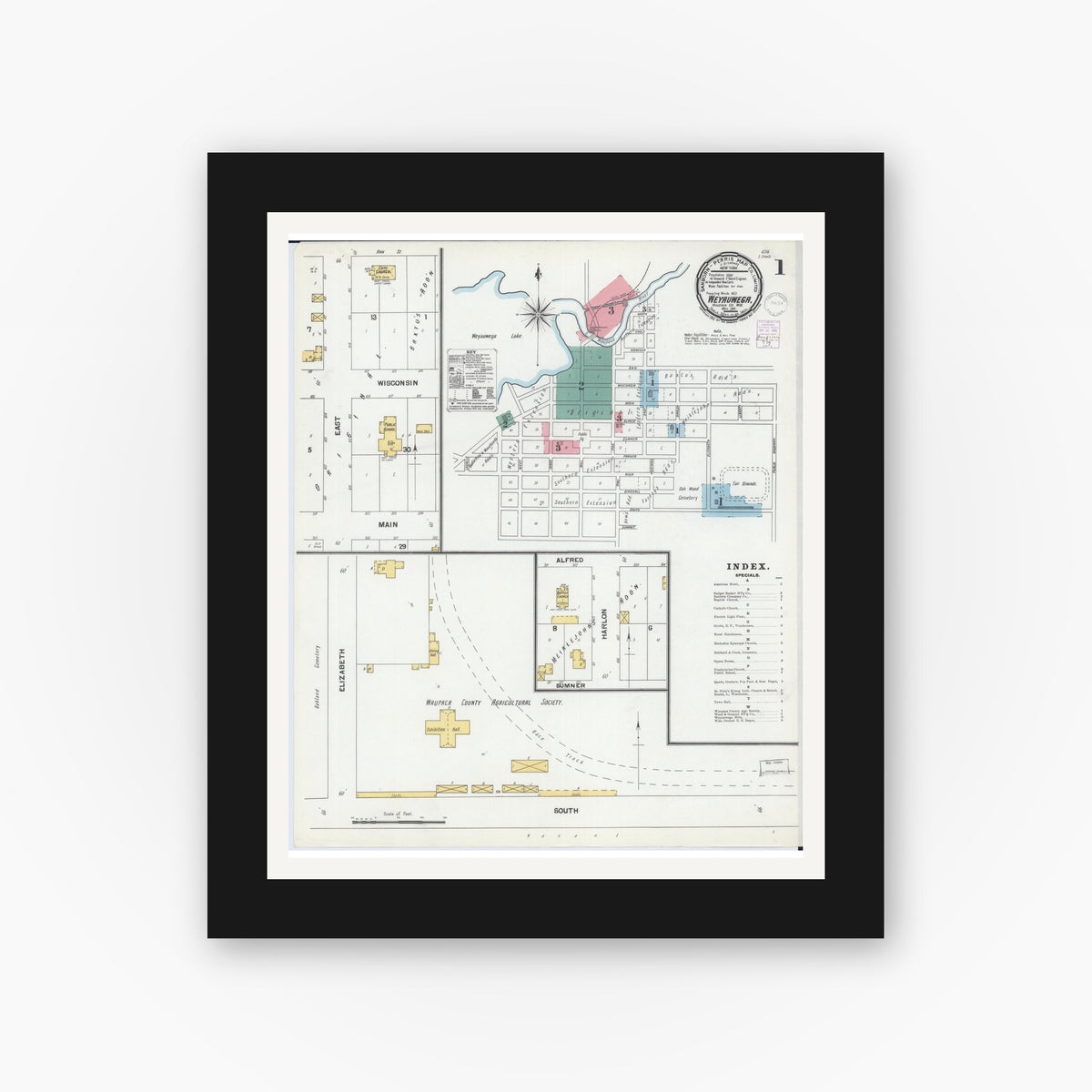 Old map wall art mockup — black gallery frame with white mat — Sanborn Fire Insurance Map from Weyauwega, Waupaca County, Wisconsin (1901), Sheet #0001