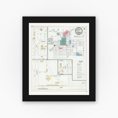 Old map wall art mockup — black gallery frame with white mat — Sanborn Fire Insurance Map from Weyauwega, Waupaca County, Wisconsin (1901), Sheet #0001