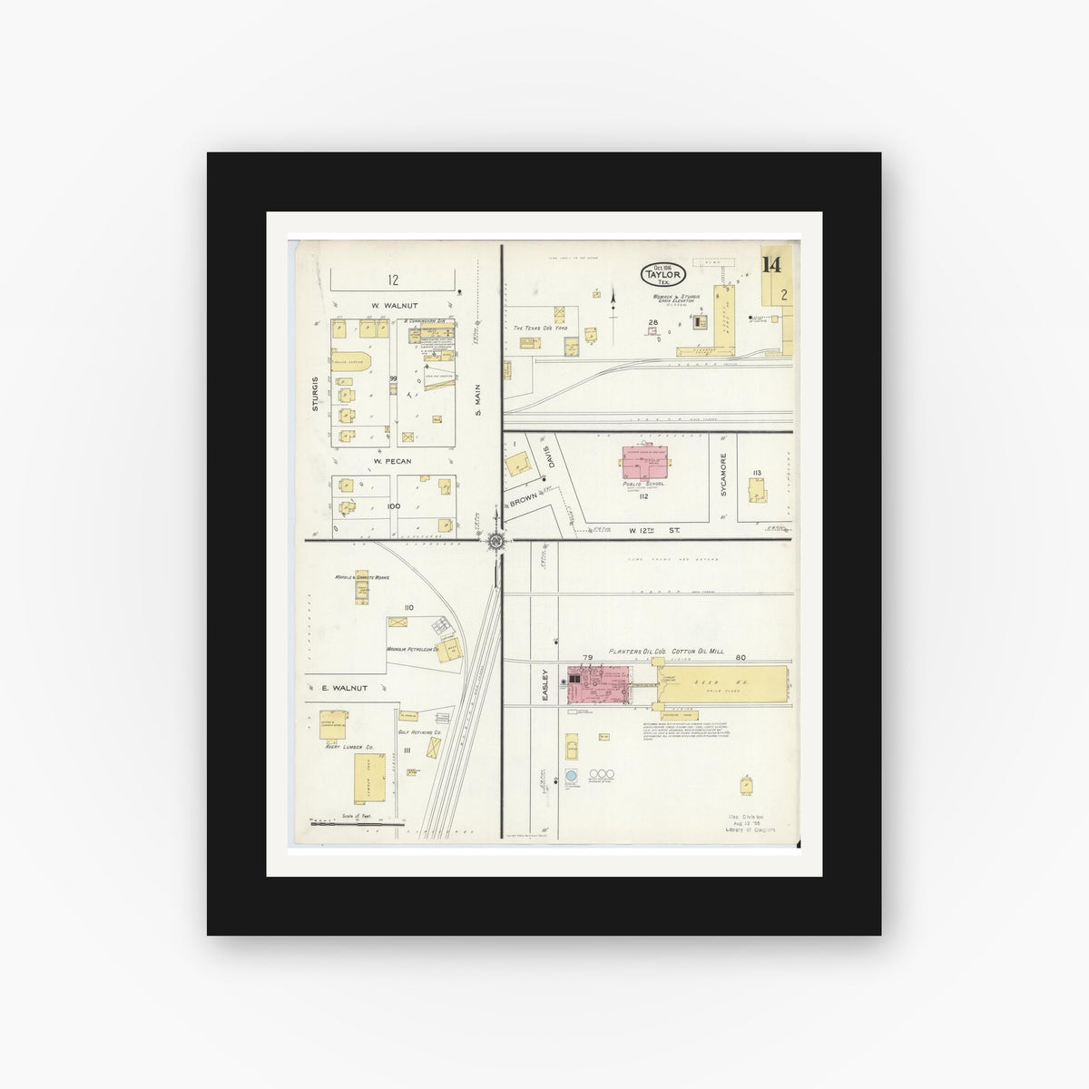 Old map wall art mockup — black gallery frame with white mat — Sanborn Fire Insurance Map from Taylor, Williamson County, Texas (1916), Sheet #0014