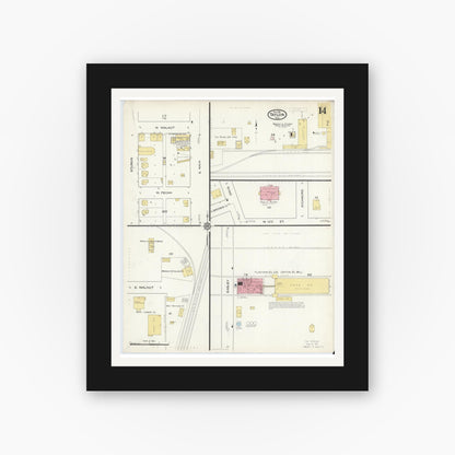 Old map wall art mockup — black gallery frame with white mat — Sanborn Fire Insurance Map from Taylor, Williamson County, Texas (1916), Sheet #0014