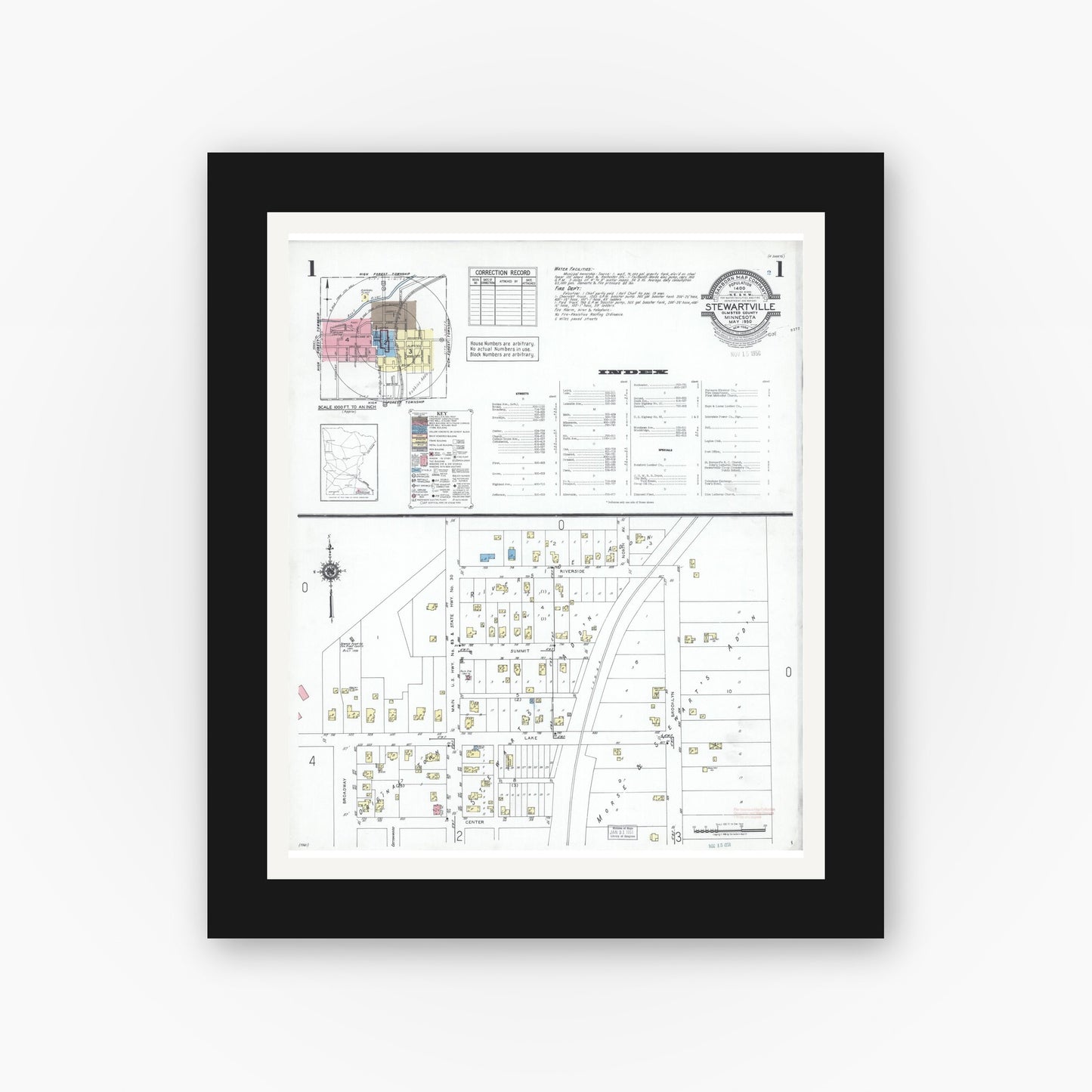 Old map wall art mockup — black gallery frame with white mat — Sanborn Fire Insurance Map from Stewartville, Olmsted County, Minnesota (1950), Sheet #0001