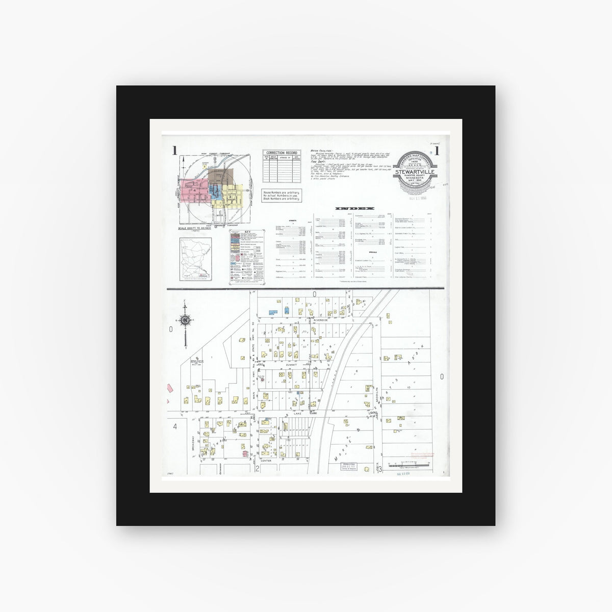 Old map wall art mockup — black gallery frame with white mat — Sanborn Fire Insurance Map from Stewartville, Olmsted County, Minnesota (1950), Sheet #0001