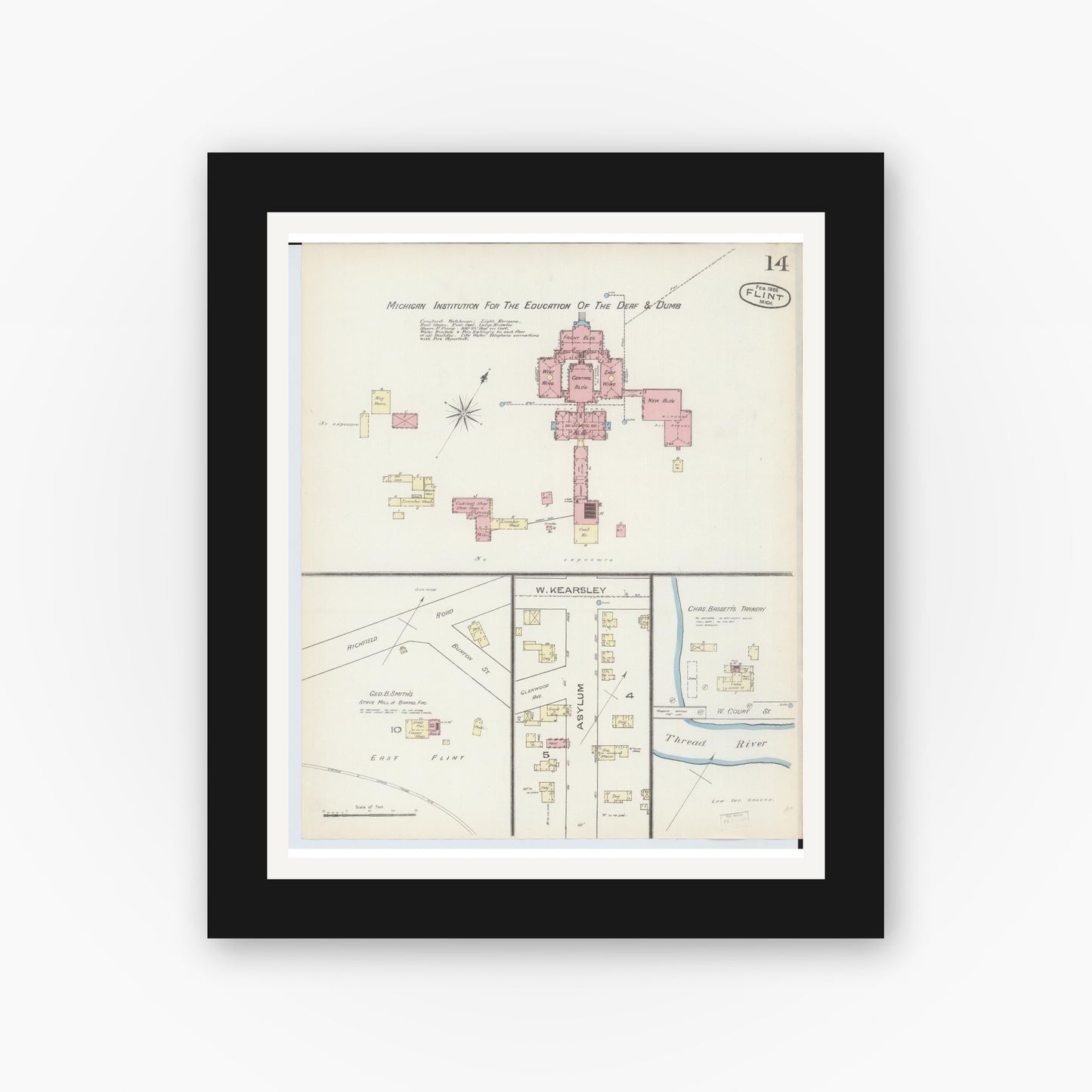 Old map wall art mockup — black gallery frame with white mat — Sanborn Fire Insurance Map from Flint, Genesee County, Michigan (1886), Sheet #0014