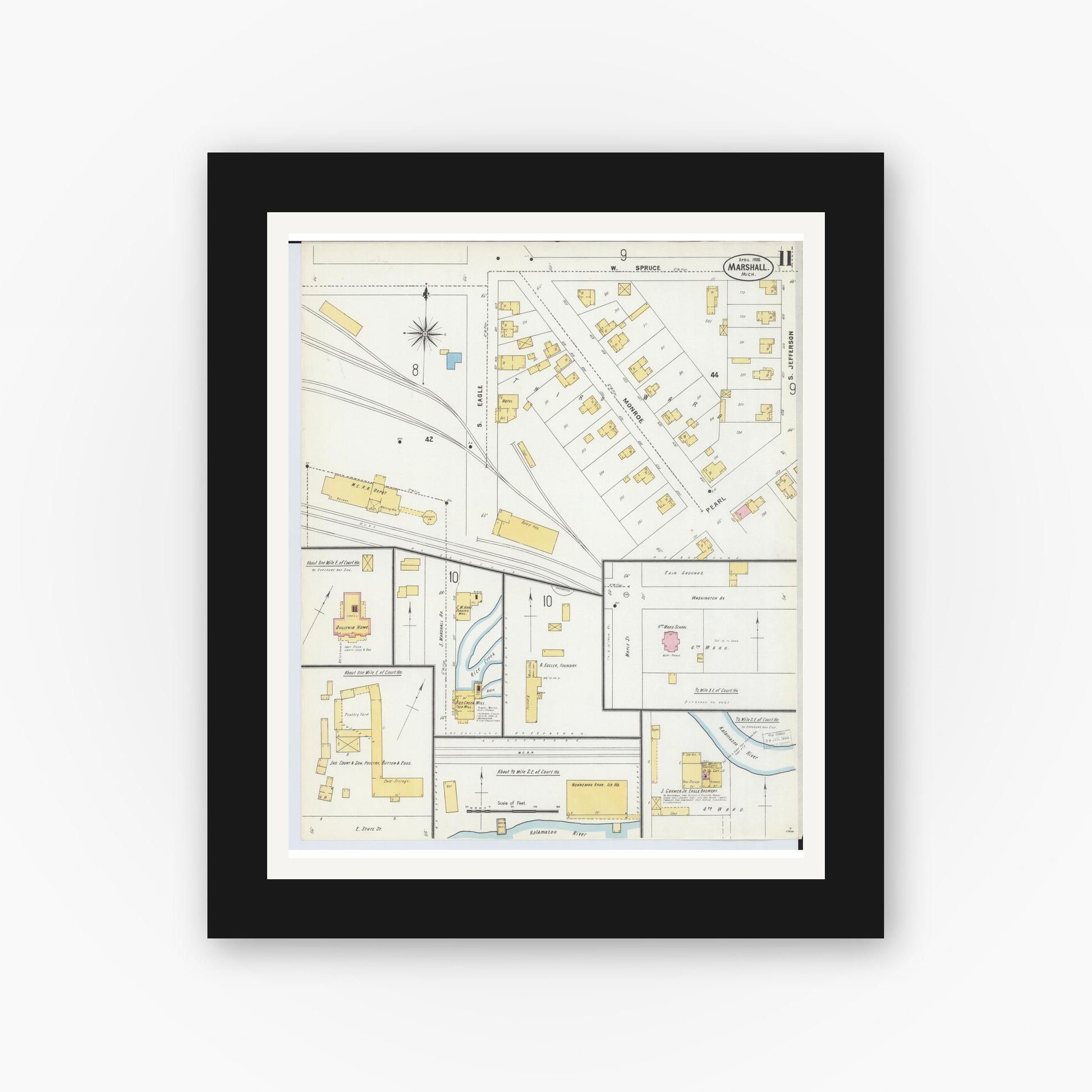 Old map wall art mockup — black gallery frame with white mat — Sanborn Fire Insurance Map from Marshall, Calhoun County, Michigan (1906), Sheet #0011