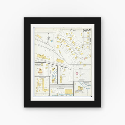 Old map wall art mockup — black gallery frame with white mat — Sanborn Fire Insurance Map from Marshall, Calhoun County, Michigan (1906), Sheet #0011