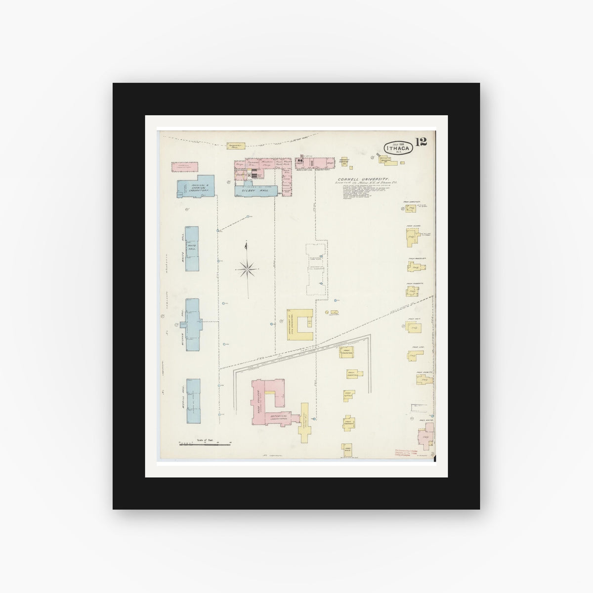 Old map wall art mockup — black gallery frame with white mat — Sanborn Fire Insurance Map from Ithaca, Tompkins County, New York (1888), Sheet #0012