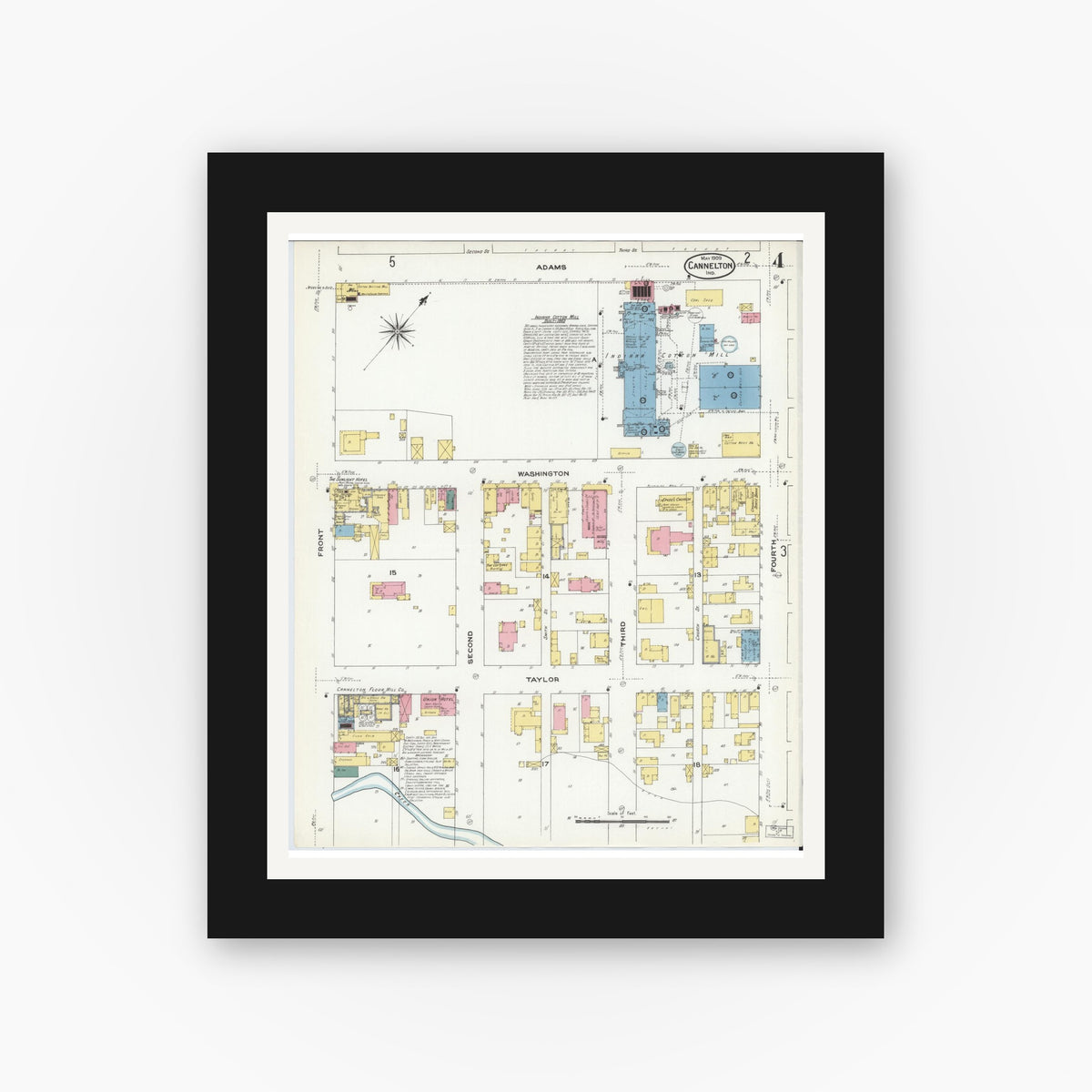 Old map wall art mockup — black gallery frame with white mat — Sanborn Fire Insurance Map from Cannelton, Perry County, Indiana (1909), Sheet #0004