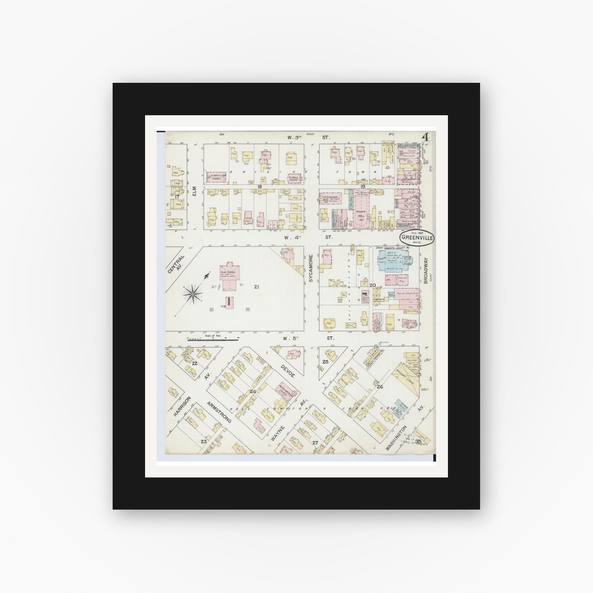 Old map wall art mockup — black gallery frame with white mat — Sanborn Fire Insurance Map from Greenville, Darke County, Ohio (1887), Sheet #0004