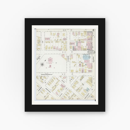 Old map wall art mockup — black gallery frame with white mat — Sanborn Fire Insurance Map from Greenville, Darke County, Ohio (1887), Sheet #0004