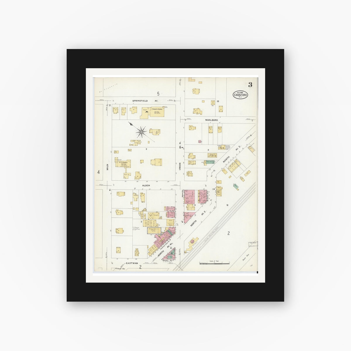 Old map wall art mockup — black gallery frame with white mat — Sanborn Fire Insurance Map from Cranford, Union County, New Jersey (1908), Sheet #0003