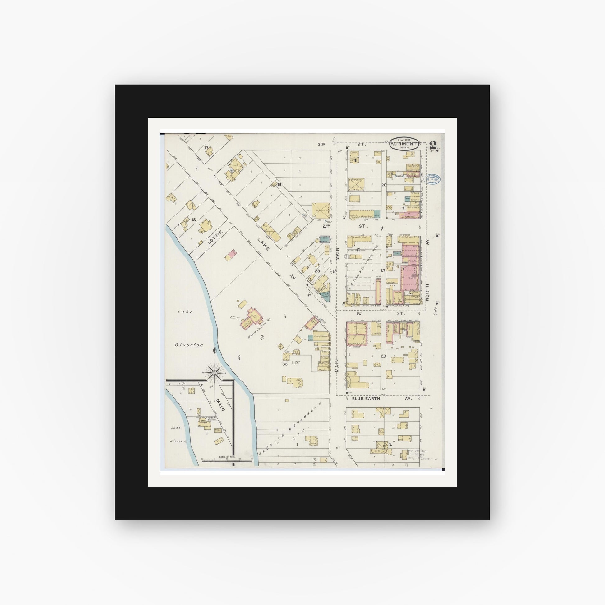 Old map wall art mockup — black gallery frame with white mat — Sanborn Fire Insurance Map from Fairmont, Martin County, Minnesota (1894), Sheet #0002