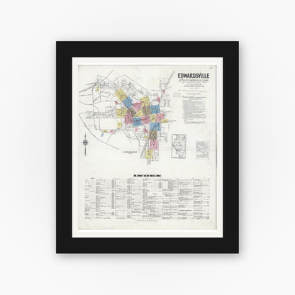 Old map wall art mockup — black gallery frame with white mat — Sanborn Fire Insurance Map from Edwardsville, Madison County, Illinois (1930), Sheet #0001