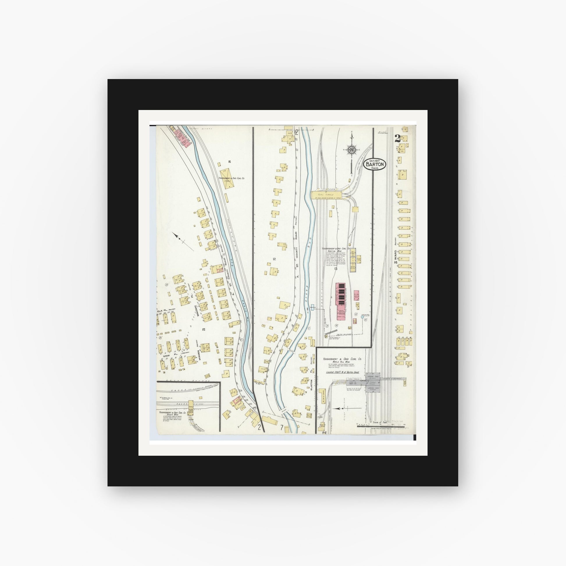 Old map wall art mockup — black gallery frame with white mat — Sanborn Fire Insurance Map from Barton, Belmont County, Ohio (1917), Sheet #0002