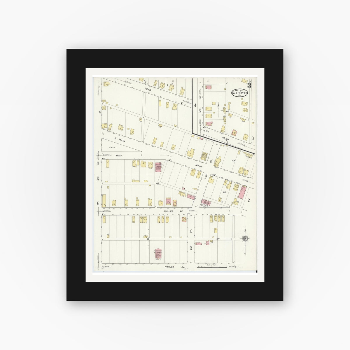 Old map wall art mockup — black gallery frame with white mat — Sanborn Fire Insurance Map from Falls Creek, Jefferson And Clearfield Counties, Pennsylvania (1913), Sheet #0003