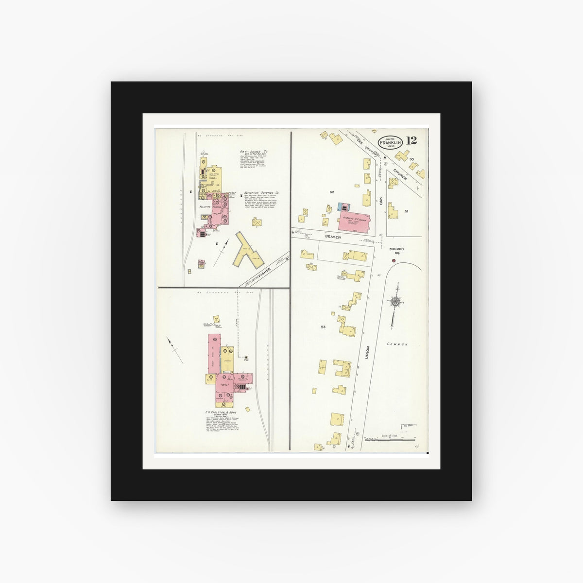 Old map wall art mockup — black gallery frame with white mat — Sanborn Fire Insurance Map from Franklin, Norfolk County, Massachusetts (1911), Sheet #0012