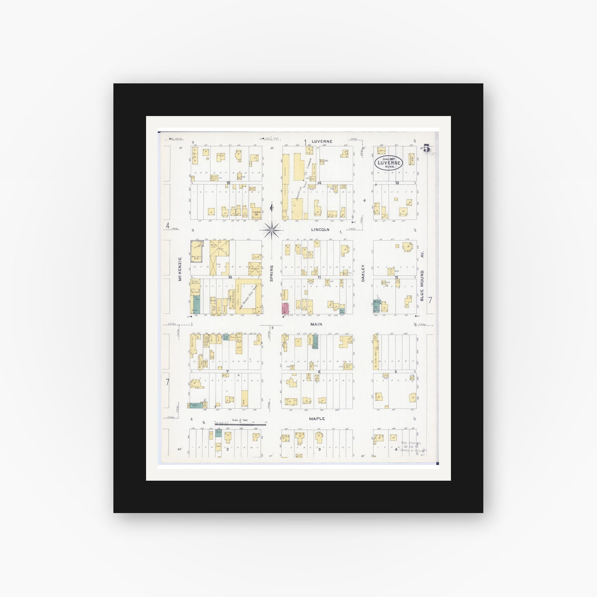 Old map wall art mockup — black gallery frame with white mat — Sanborn Fire Insurance Map from Luverne, Rock County, Minnesota (1907), Sheet #0005